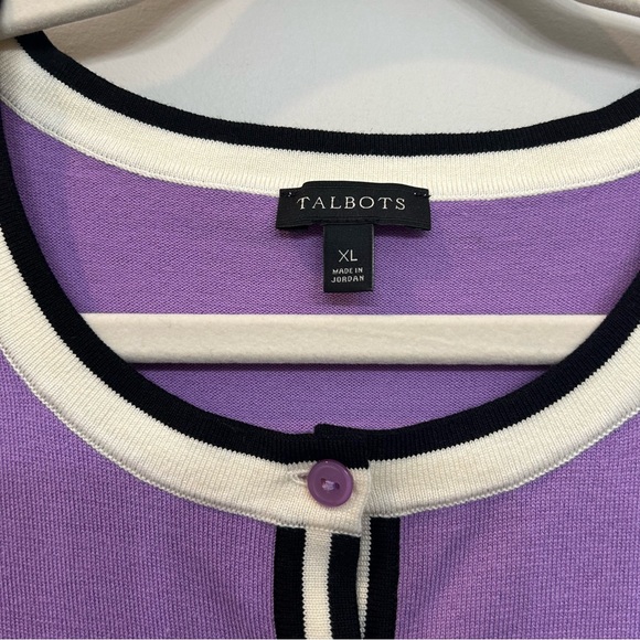 Talbots Charming Button Cardigan Lavender With Navy Cream Trim Details Size XL - Picture 3 of 9